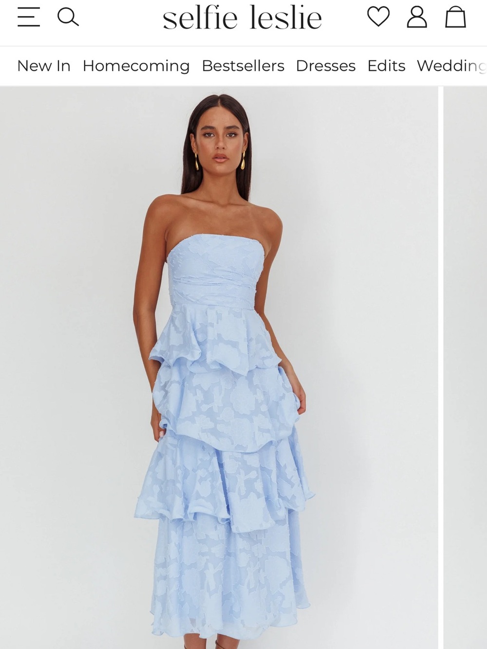 Selfie Leslie Strapless Tiered Ruffle Midi Dress in Light Blue